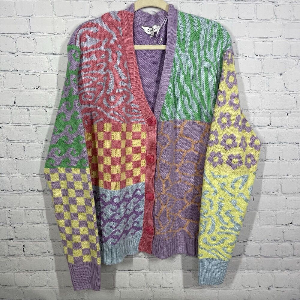 Oversized Cardigan Women Medium Pattern Patchwork Y2K Coquette Kidcore Sweater - Picture 3 of 11